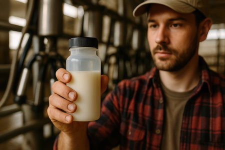 Male worker inspecting fresh milk sample in bottle at dairy facility for quality control and hygiene compliance.の素材