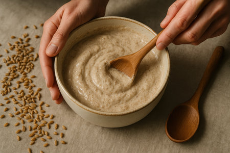 Person mixing fresh homemade creamy grain porridge in ceramic bowl with wooden spoon, healthy natural breakfast preparation.の素材