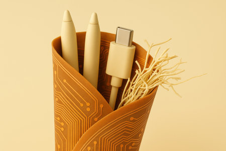 Creative fast food concept featuring unconventional ingredients like digital tools and non edible objects arranged in a wrap.の素材