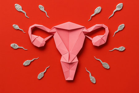 Origami uterus surrounded by sperm shapes on vibrant red background representing fertility, conception, and reproductive health concepts.の素材