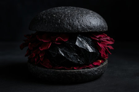 Gourmet black charcoal burger with dark stone filling and red flower petals on dramatic black background, modern creative food.の素材