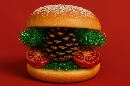Creative festive hamburger with pine cone, artificial greenery, and decorative tomato slices on a red background.の素材