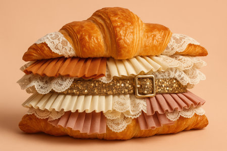 Ornate croissant creatively styled with lace, pleated fabric, and decorative golden sequins against a neutral background.の素材