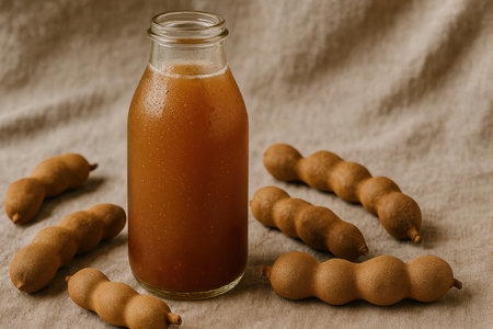 Glass bottle of tamarind juice surrounded by raw tamarind pods on a textured neutral fabric background.の素材
