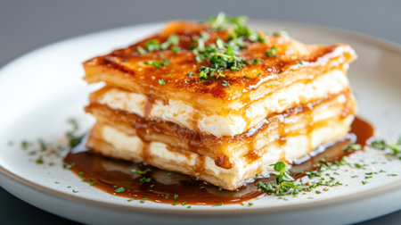 Delicious layered mille feuille dessert with caramel glaze and fresh herbs on white plate.の素材