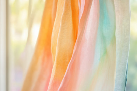 Vibrant pastel colored fabric against soft sunlight creating an artistic abstract effect.の素材