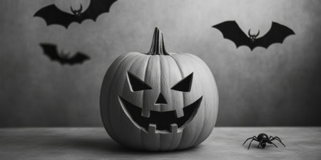 Monochrome pumpkin with carved face and bats in the background, Halloween decor.の素材