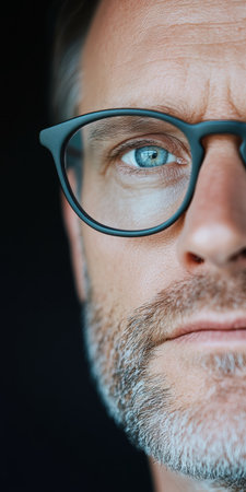 Close Up Portrait of a Mature Man Wearing Glasses Against Dark Background.の素材