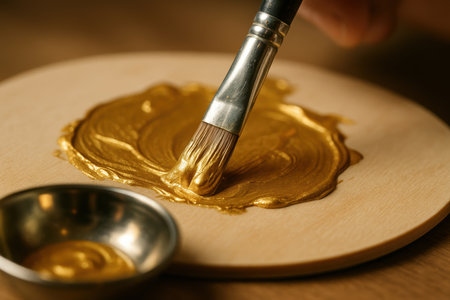 Artist applying metallic gold paint with a brush on a wooden surface for creative diy craft or artistic decoration project.の素材