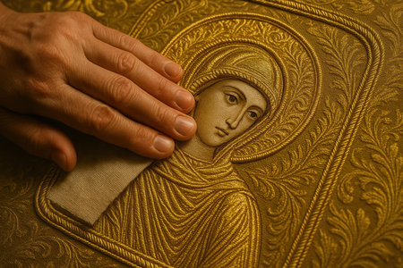 Hand gently touching ornate orthodox religious icon with golden fabric, detailed embossed artwork and intricate sacred patterns.の素材