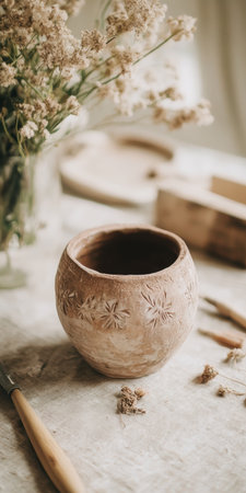 Handcrafted ceramic pot with floral design on rustic table surrounded by dried flowers.の素材