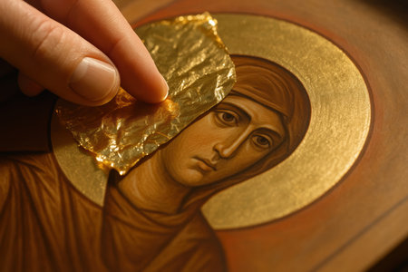 Artisan applying gold leaf to a religious orthodox icon depicting a saint, traditional craftsmanship and sacred symbolism.の素材