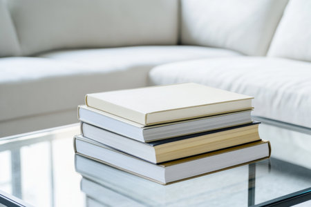 Stack of hardcover books on a glass coffee table in modern living room setting.の素材