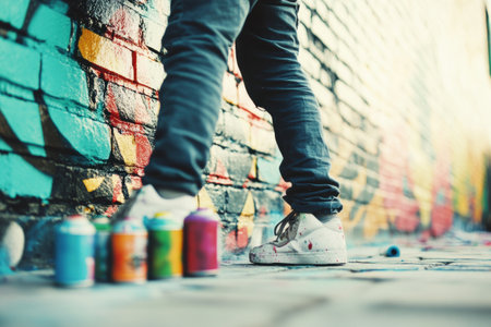 Person in sneakers painting vibrant urban mural with spray cans on a brick wall during daytime.の素材
