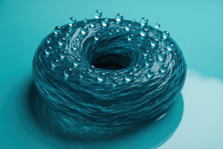 Elegant donut shaped water structure with droplets on abstract turquoise background symbolizing fluidity and balance.の素材