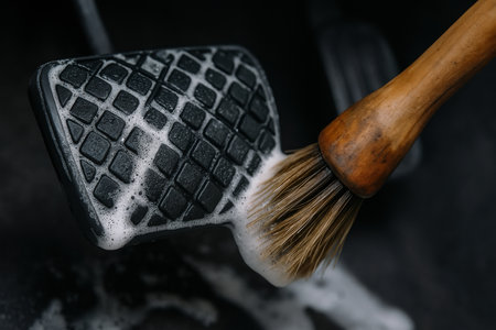 Close up of car brake pedal being cleaned with soapy water and brush for thorough automotive interior maintenance and detailing.の素材