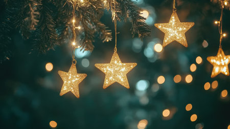 Glittering star ornaments hanging on festive tree with bokeh lights in the background.の素材