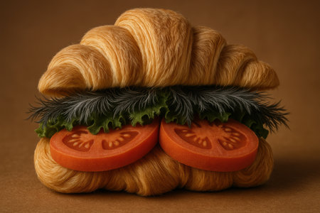 Creative croissant sandwich with lifelike hair texture, garnished with lettuce, tomato slices, and realistic leafy greens.の素材