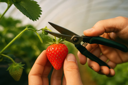 Ripe strawberry being carefully harvested by hand with pruning shears in a greenhouse, showcasing organic gardening process.の素材