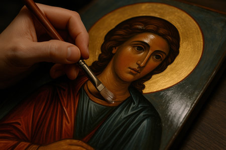 Artist carefully restores religious icon painting with delicate brush strokes, highlighting gold halo and traditional details.の素材