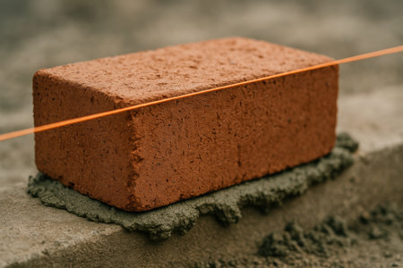Red clay brick being precisely placed on fresh mortar for wall construction with alignment string in focus at the construction site.の素材
