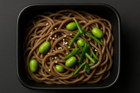Soba noodles with edamame, sesame seeds, and green onions served in a black bowl on a dark background.の素材