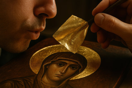 Artist applying delicate gold leaf to religious icon of mary, creating intricate luminous halo details in authentic spiritual artwork.の素材