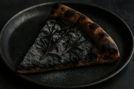 Charcoal crust pizza slice with rosemary herbs on plate, gourmet modern food trend highlighting unique flavors and dark presentation.の素材