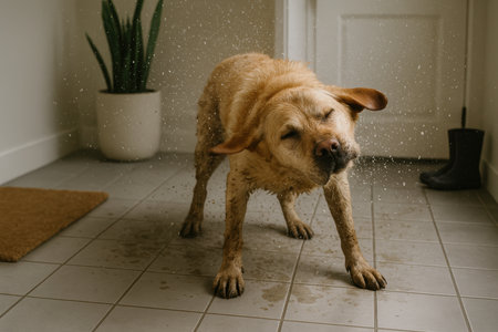 Wet golden retriever shaking off water in a tiled entryway, droplets flying, indoor plant and boots in background.の素材