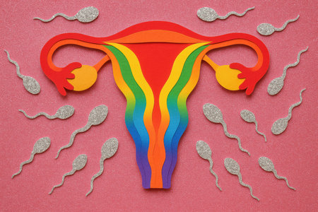 Colorful rainbow uterus and ovaries surrounded by shimmering silver sperm cells on pink background symbolizing fertility and diversity.の素材