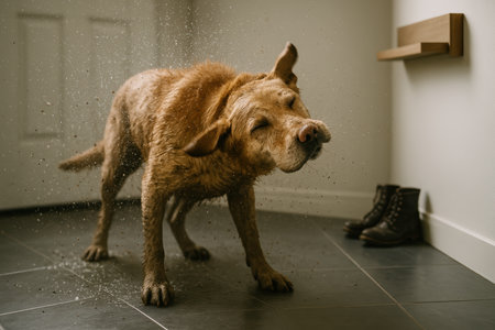 Wet golden retriever shaking off water in a modern hallway after outdoor activity, droplets flying in all directions.の素材