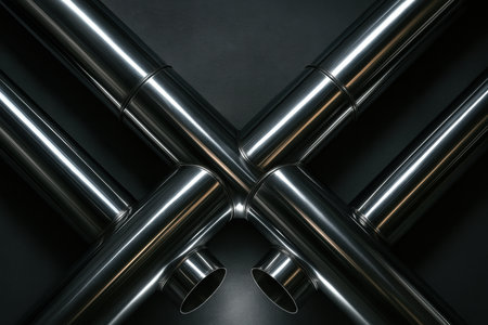 Shiny metallic pipes intersecting on a dark background, showing industrial symmetry, engineering precision, and modern construction design.の素材