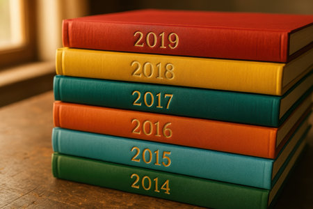 Stack of colorful year labeled journals organized on a wooden surface in warm natural light near a window.の素材