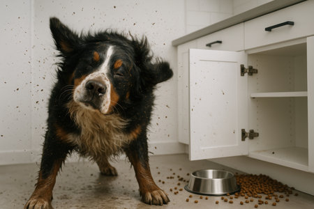 Large wet dog shaking off water indoors near spilled kibble, creating mess in modern kitchen with open cabinets.の素材