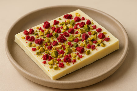 White chocolate bar topped with freeze dried raspberries and chopped pistachios served on a beige ceramic plate.の素材