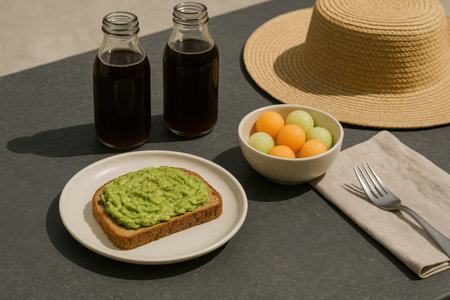Healthy summer brunch outdoors with avocado toast, fresh melon balls, cold beverages, and straw hat on sunny patio table.の素材