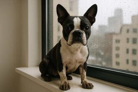 Boston terrier sitting by a rainy city window, paws muddy and gazing indoors against an urban skyline background.の素材