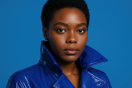 Confident young woman in blue patent leather jacket standing against vivid blue background with poised and direct expression.の素材