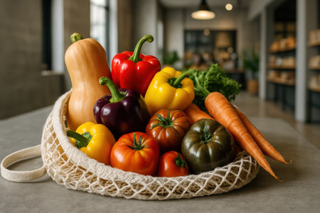Assorted fresh vegetables including peppers, tomatoes, carrots, and squash in a reusable mesh bag on a modern kitchen counter.の素材