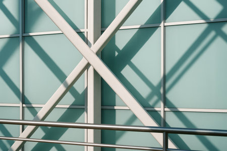 Crossed steel beams casting geometric shadows on modern frosted glass building facade in bright sunlight and clean urban setting.の素材