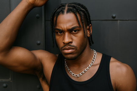 Confident young man with braided hairstyle in black tank top standing against dark metal background, wearing silver chain necklace.の素材