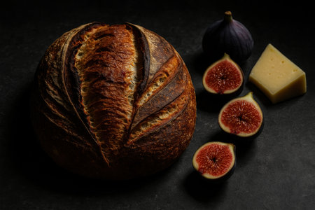 Whole sourdough loaf with ripe figs and wedge of cheese on dark textured background for rustic artisan food concept.の素材