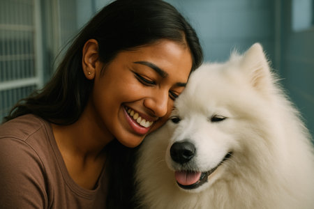 Smiling young woman embracing fluffy white dog indoors, showcasing a joyful bond between a person and their happy pet companion.の素材