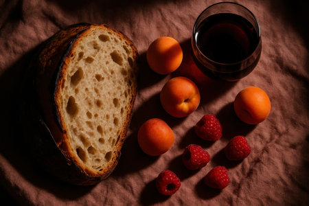 Fresh artisan bread, ripe apricots, raspberries, and a glass of red wine arranged on a rustic fabric in warm natural light.の素材