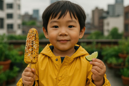 Smiling young child in yellow raincoat holding grilled corn and lime outdoors against urban rooftop garden background.の素材