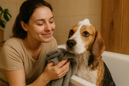 Smiling woman gently drying beagle dog in bathtub after bath, playful moment with pet and owner at home in cozy bathroom setting.の素材