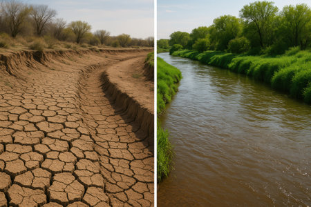 comparison of riverbank environments showing severe drought with cracked earth beside lush, flowing water under springtime growth.の素材