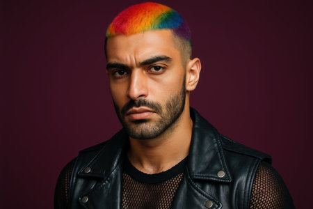 Confident man with vibrant rainbow dyed short hair in leather vest poses against dark backdrop, showcasing bold modern.の素材