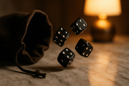 Three black dice mid air above marble surface near cloth pouch with soft warm lamp light in cozy indoor setting.の素材