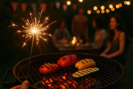 Outdoor evening barbecue with vegetables grilling over coals and people celebrating with sparklers under festive string lights.の素材